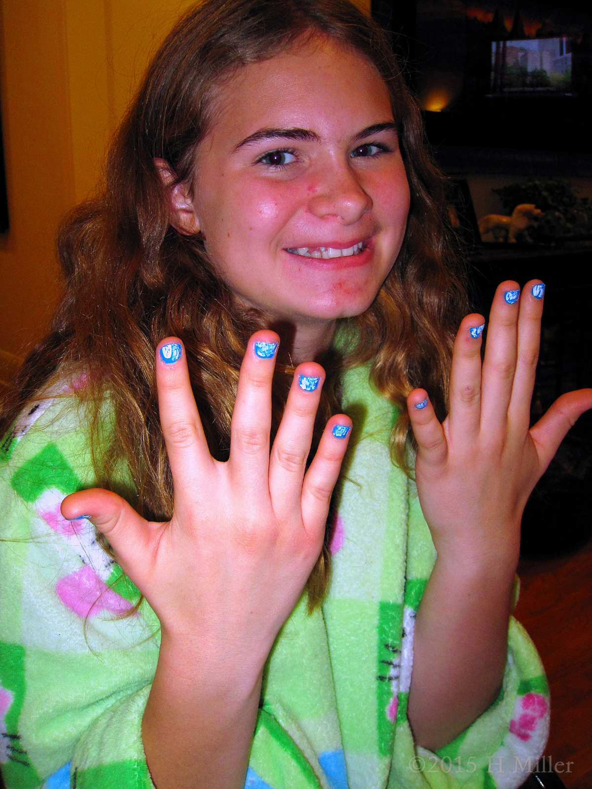 She Chose Blue Polish And White Shatter For Her Kids Manicure 