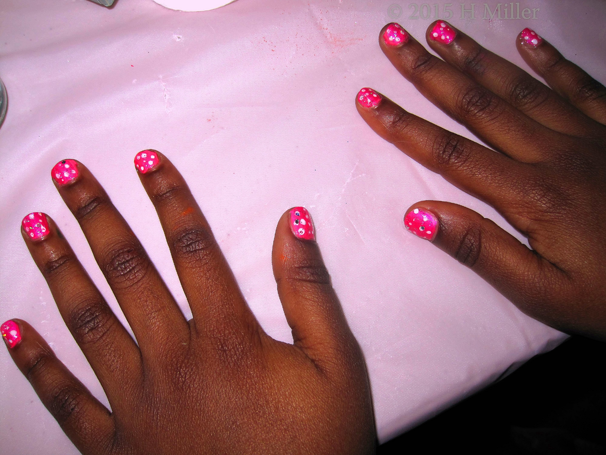 Hot Pink Nail Polish With White Polka Dots And Silver Glitter Kids Nail Art!! 