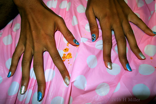 Silver And Blue Mini Manicure With Soccer Nail Design At The Kids Spa Party