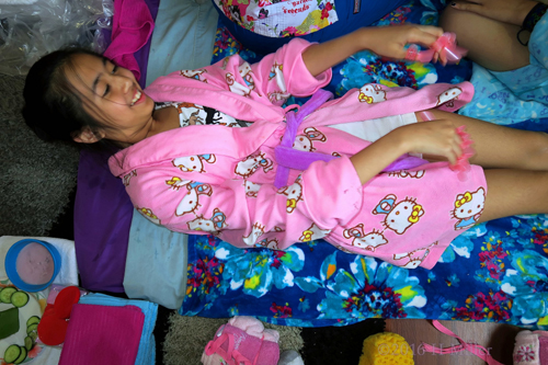 Hanging Out In Her Spa Robe And Kids Mani Protector