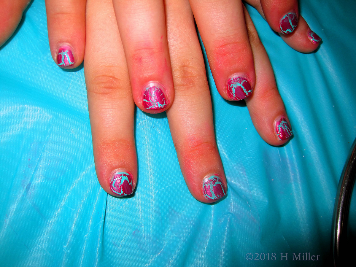 Teal And Hot Pink Shatter Girls Manicure