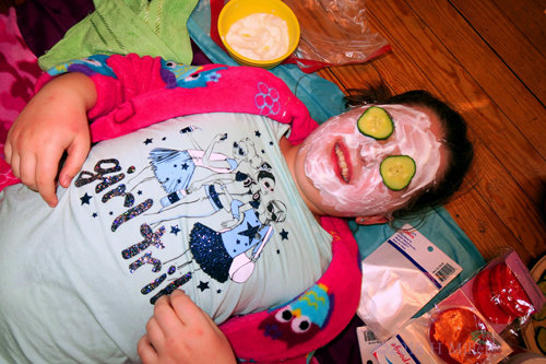 Spa Party Guest In A Cool Kids Facial Masque With Cukes On Her Eyes!