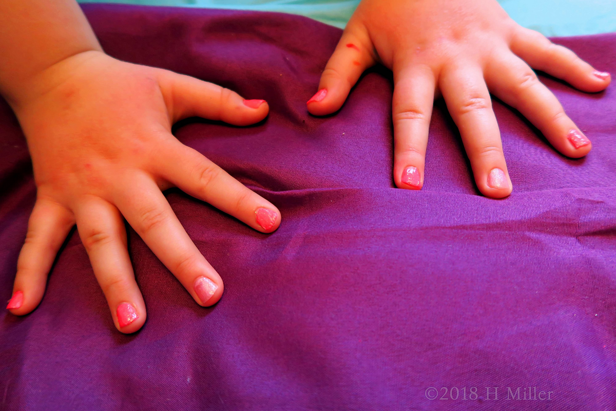 Party Guest Posing Her Pink Glossy Kids Manicure! 