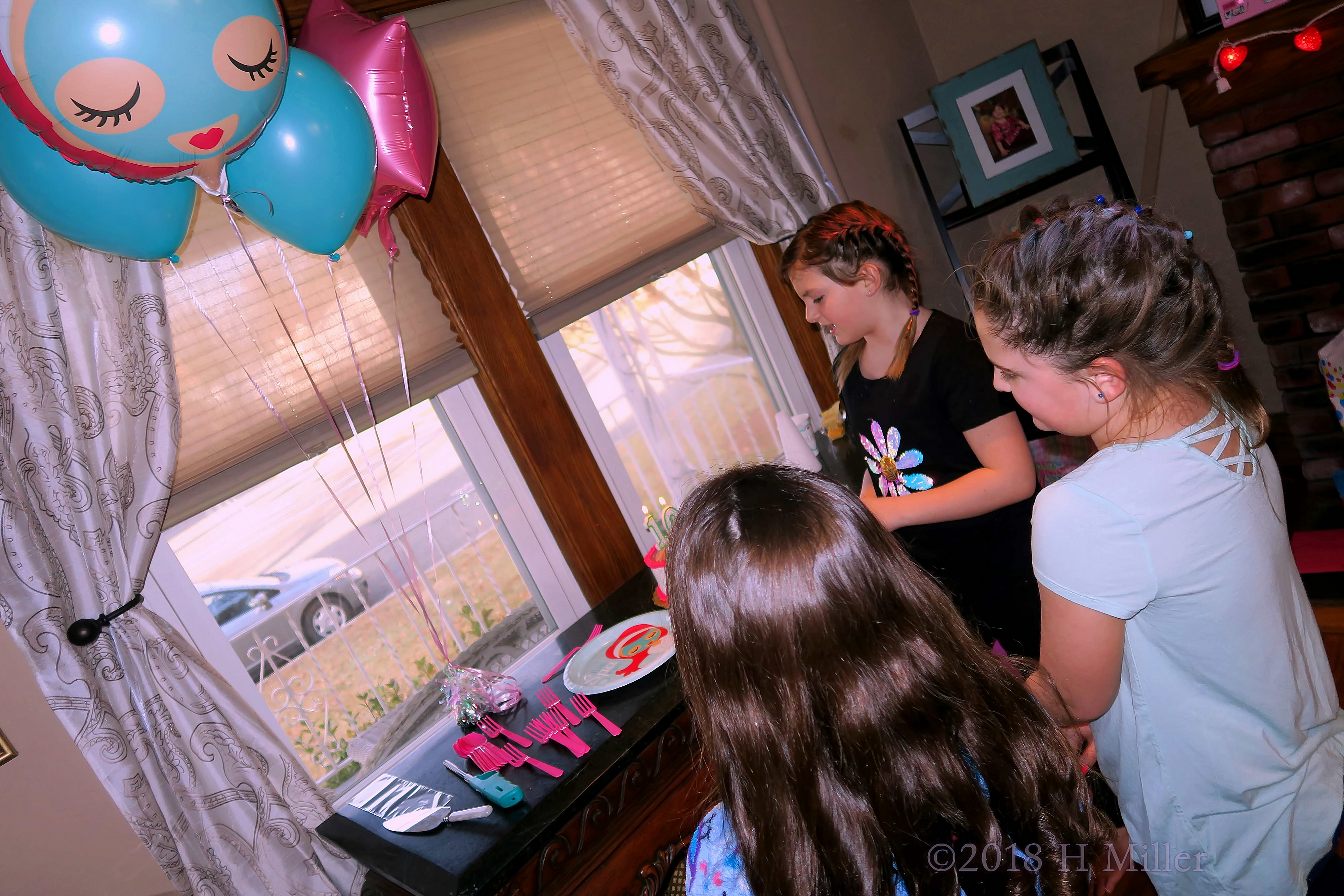 Spa Balloons And Hot Pink Forks! Party Guests Pose Around Birthday Cake! 