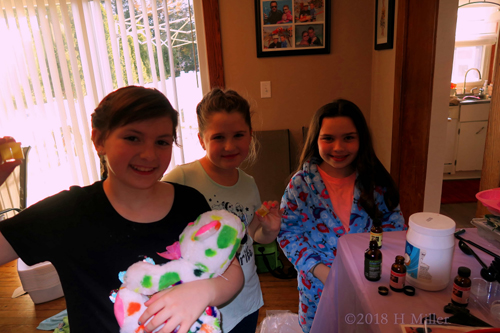 Party Guests In Spa Robes With Kids Crafts Posing! 