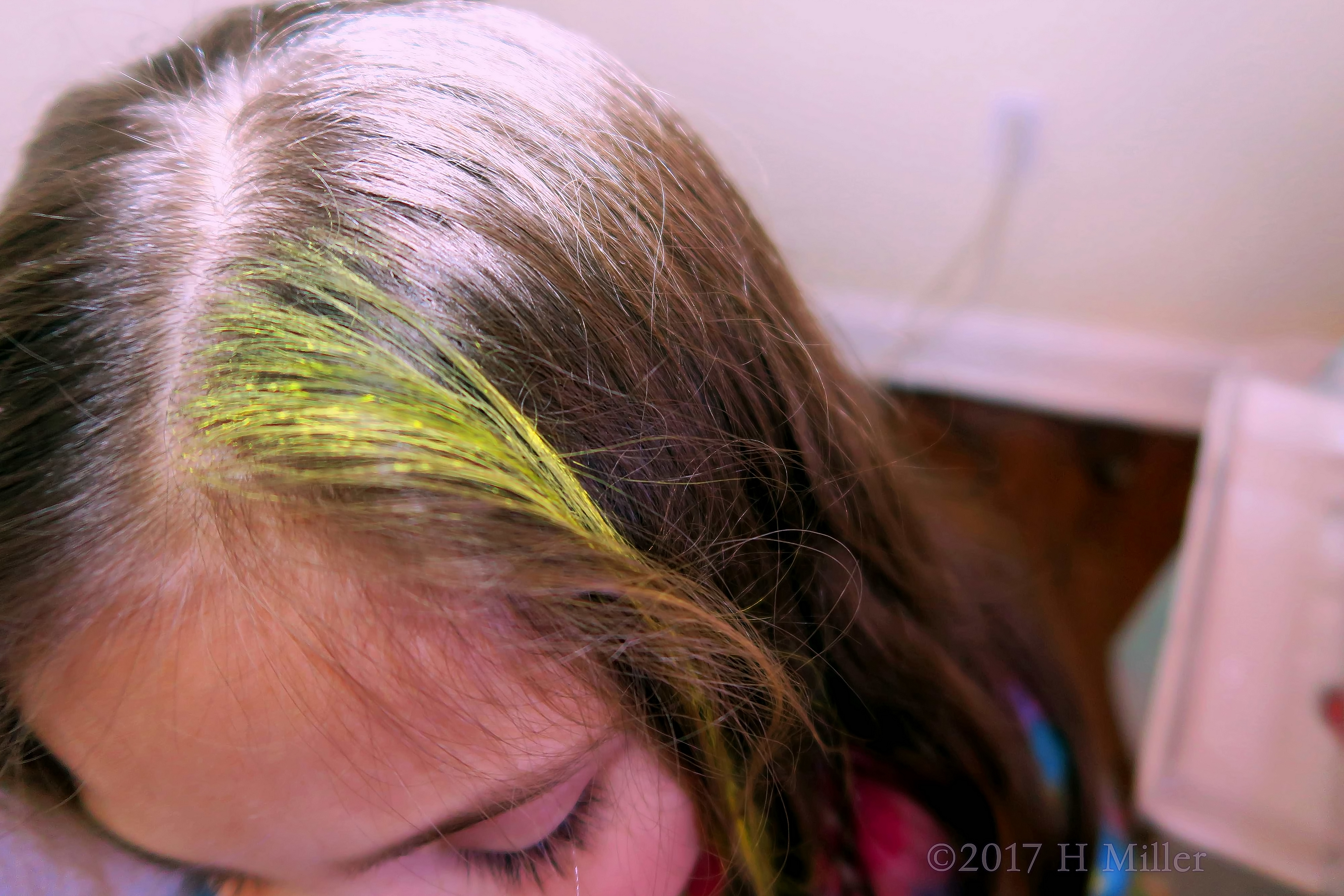 Bright Yellow Temporary Hair Chalk Girls Hairstyle. Bright Yellow Temporary Hair Chalk Girls Hairstyle.