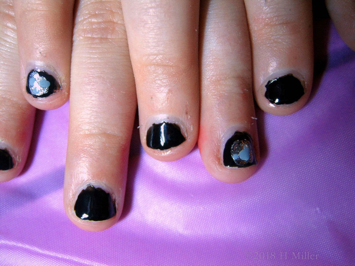 Shiny Black Polish With Heart Shaped Glitter For Kids Manicure!