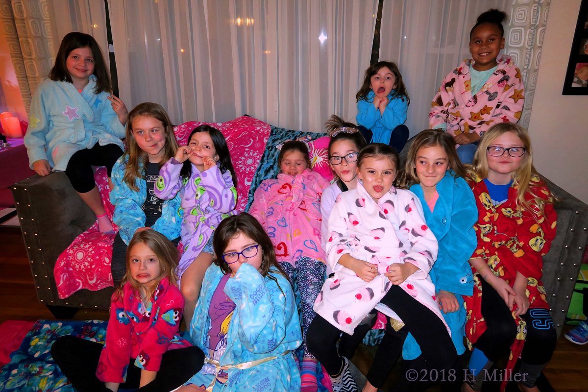 Silly And Stylish In Kids Spa Robes In Group Photo For The Spa Party! 