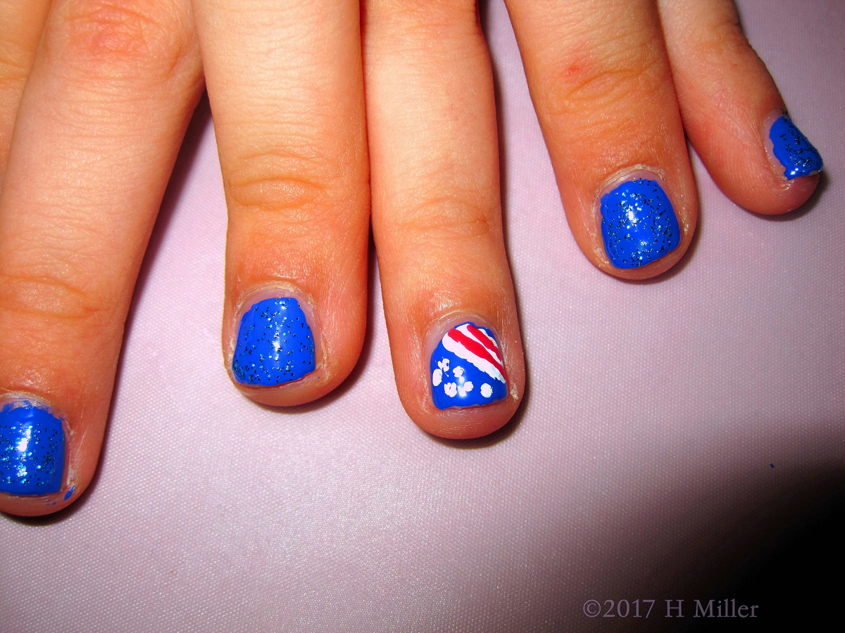 Sparkly Blue Kids Manicure With An American Flag Nail Design!