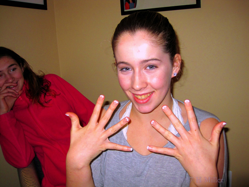 The Birthday Girl's Sister Showing Her French Manicure Nail Design With Glitter On Top For Her Kids Manicure!