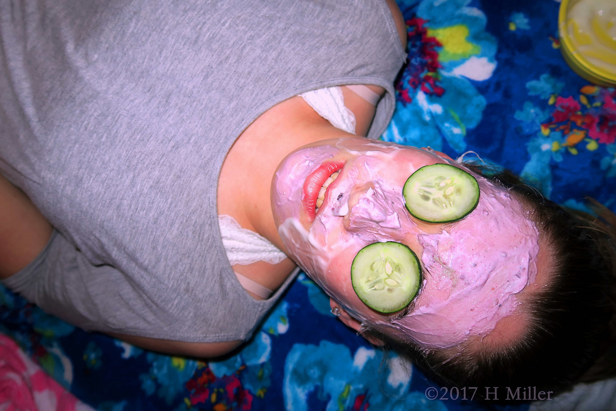 She Is Having A Strawberry Girls Facial With Cucumber On Her Eyes! 1