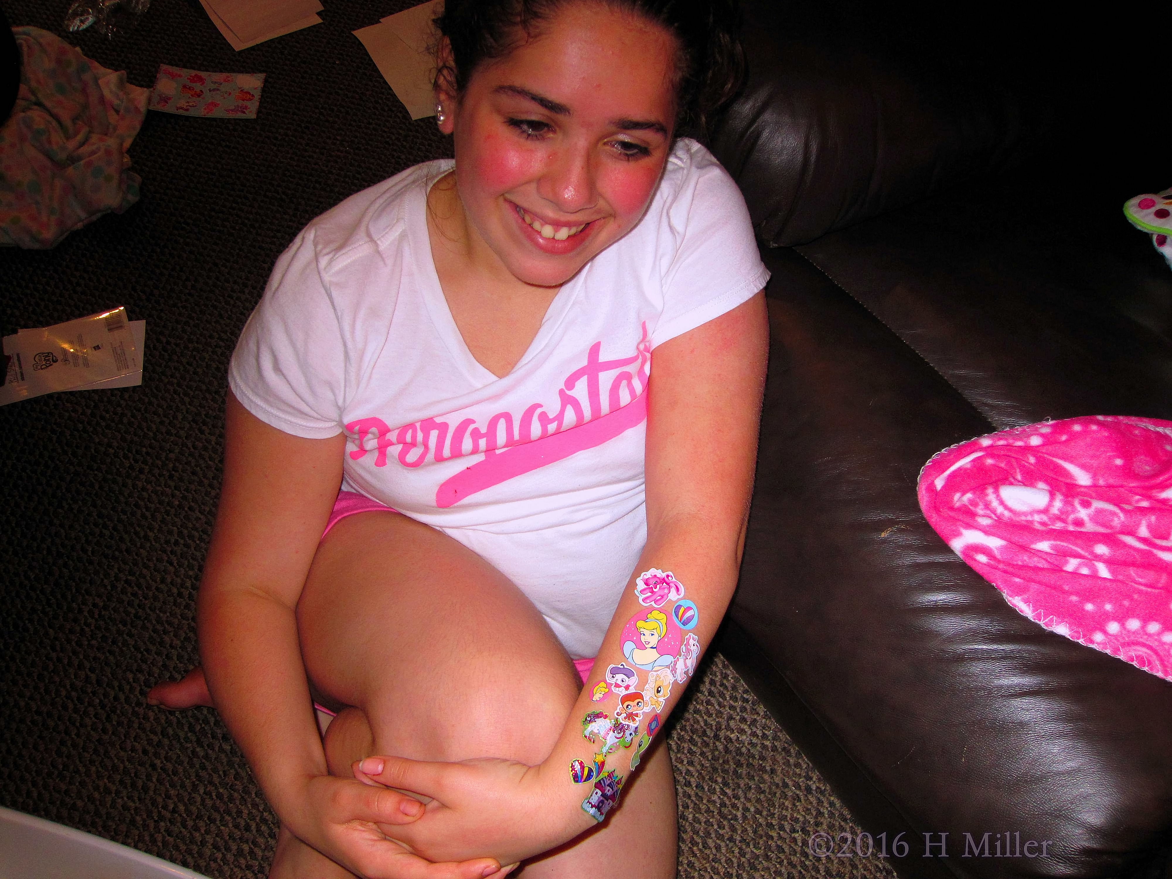 Smiling In Her Homemade Girls Spa Party Sticker Tattoo 