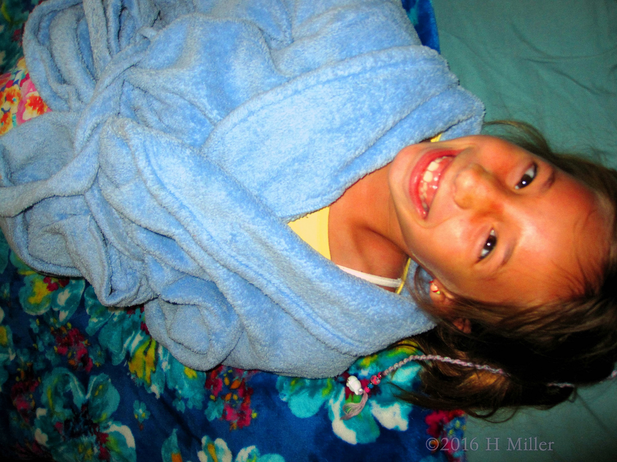 In Her Spa Robe, She Waits For The Girls Facial Activity To Begin! 1200px~38~.jpg Smiling During Homemade Kids Spa Facials 