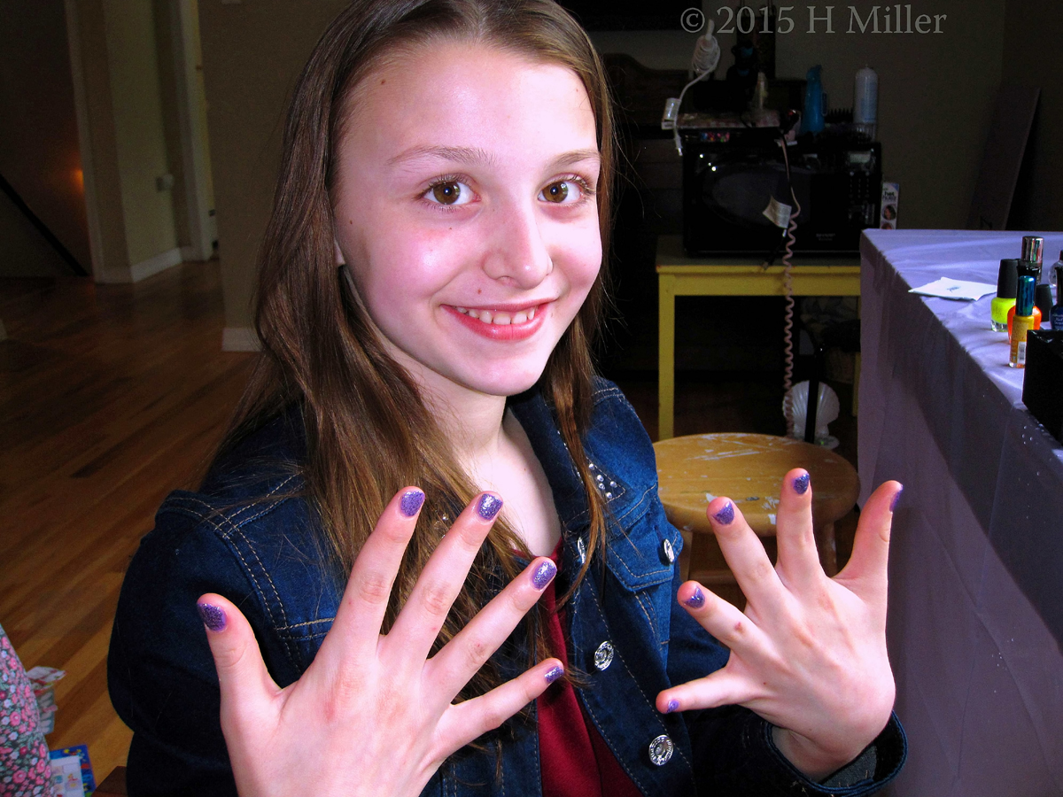 Showing Her Cool Lavender Purple With Glitter Kids Nail Art!!! 