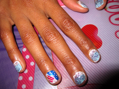 Tween Mani Nail Art Glitter Atop White And Baby Blue OPI Shatter Blend N A US Flag!