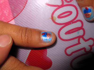 Tween Nail Art. Close Up Blueberry Frosted Cupcake On Metallic Powder Blue. 