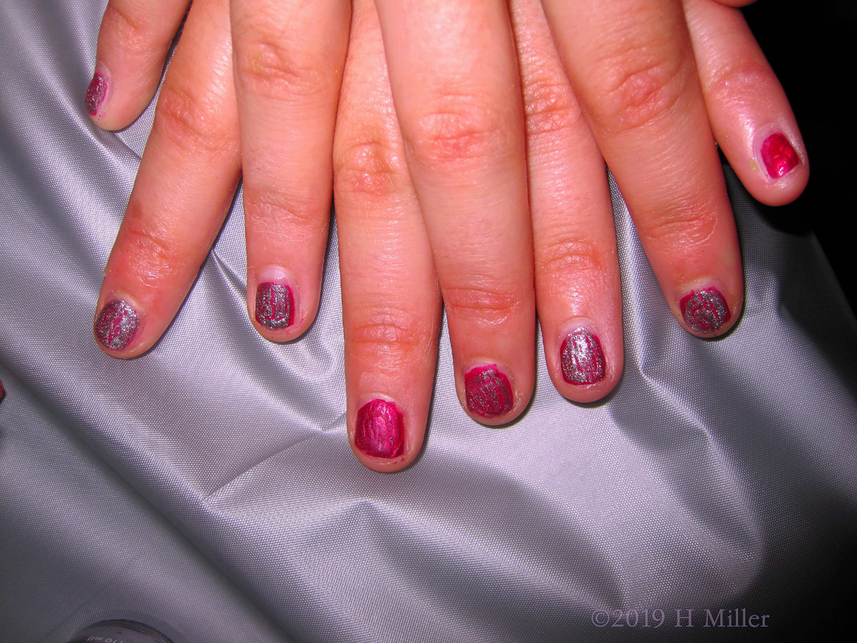 Kids Manicure In Pink With Shimmery Silver Shatter