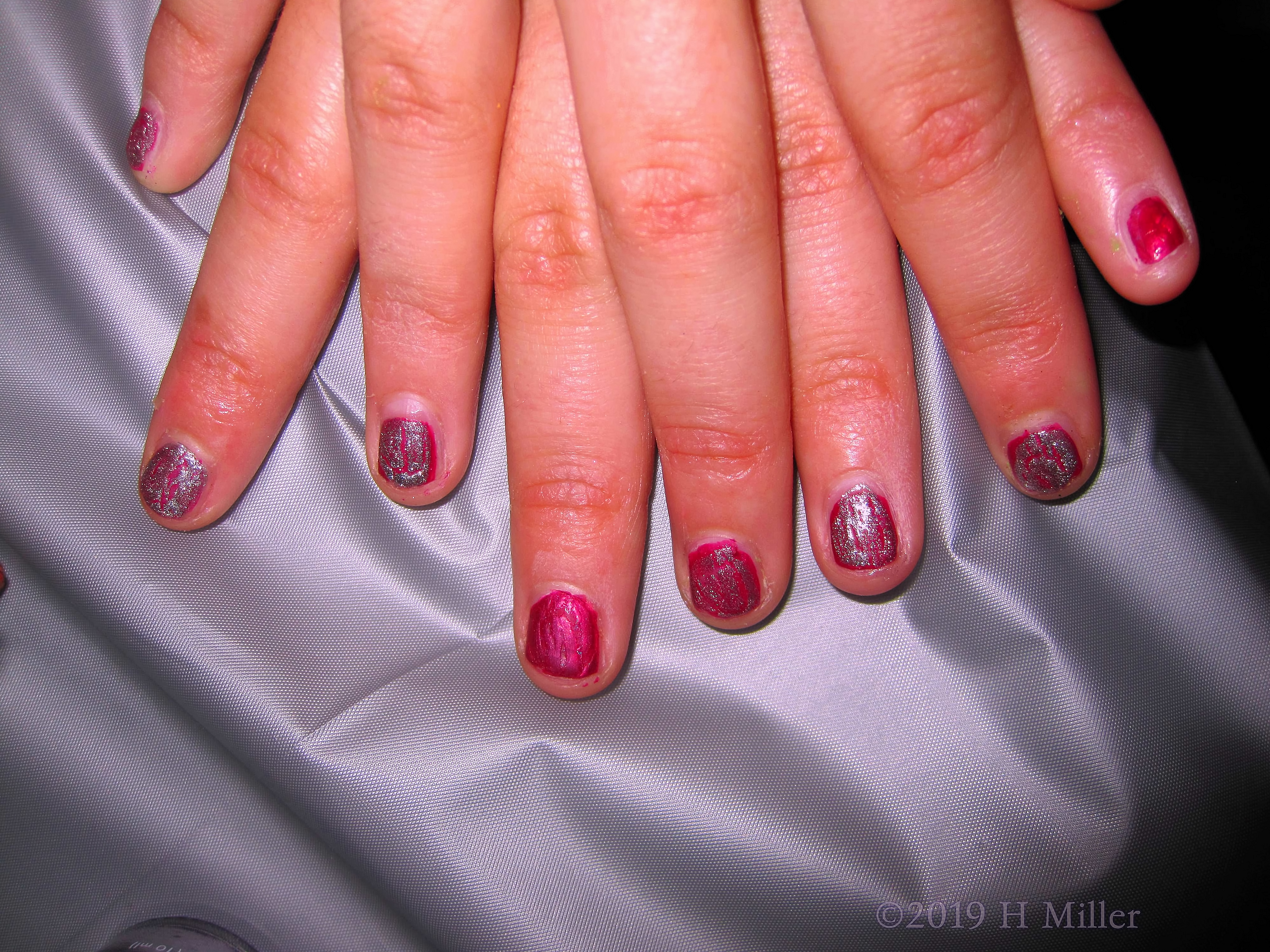 Kids Manicure In Pink With Shimmery Silver Shatter Kids Manicure In Pink With Shimmery Silver Shatter