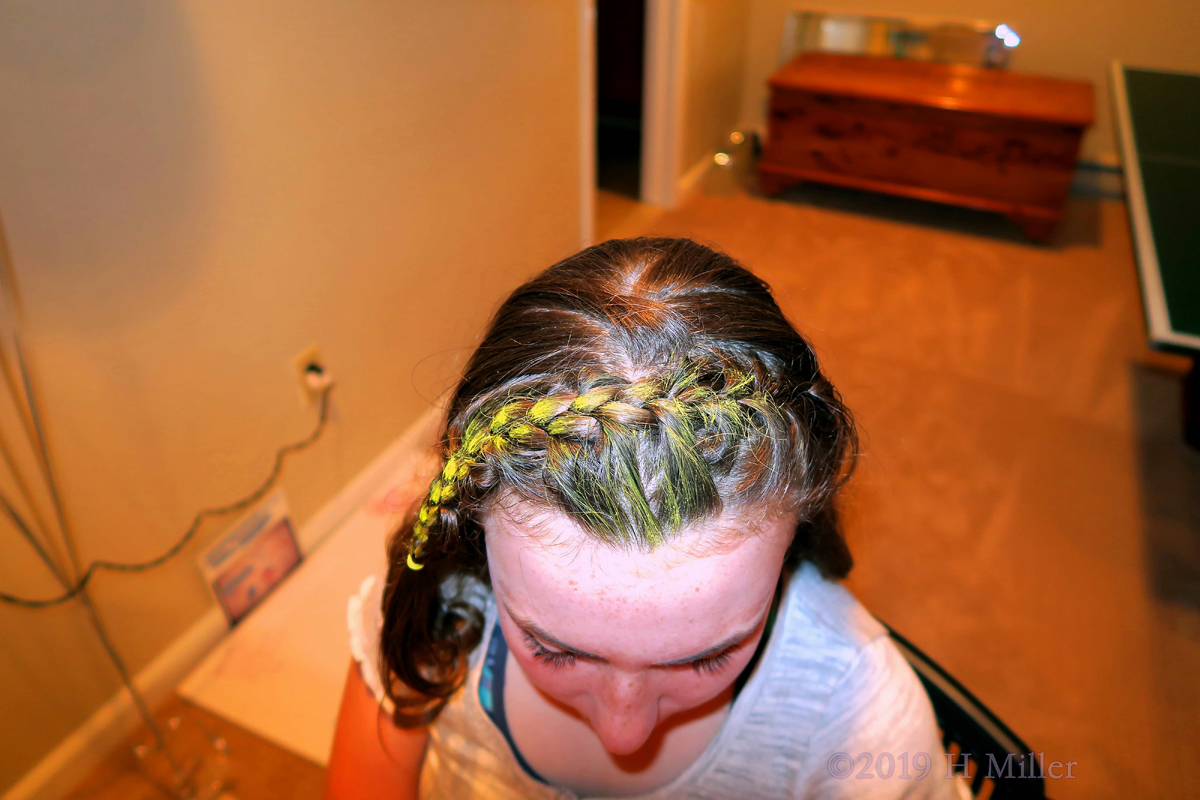 Girl Showing Off Pretty Hair Chalked French Braided Tiara Kids Hairstyle At The Spa Party
