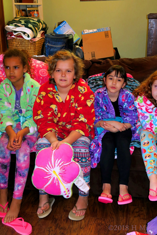 Beautiful Flower Pillow With The Party Guests On The Spa Couch.