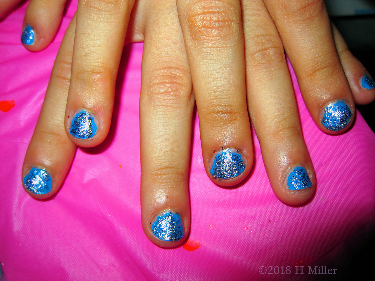 Cheerful Silver Sparkly Kids Manicure Closeup 1