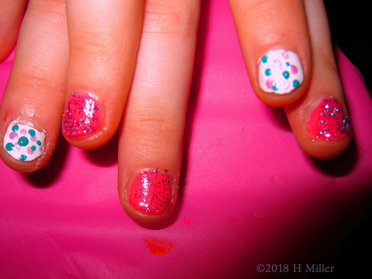 Five Nails In Kids Manicure Closeup With Polka Dot Kids Nail Art! 1