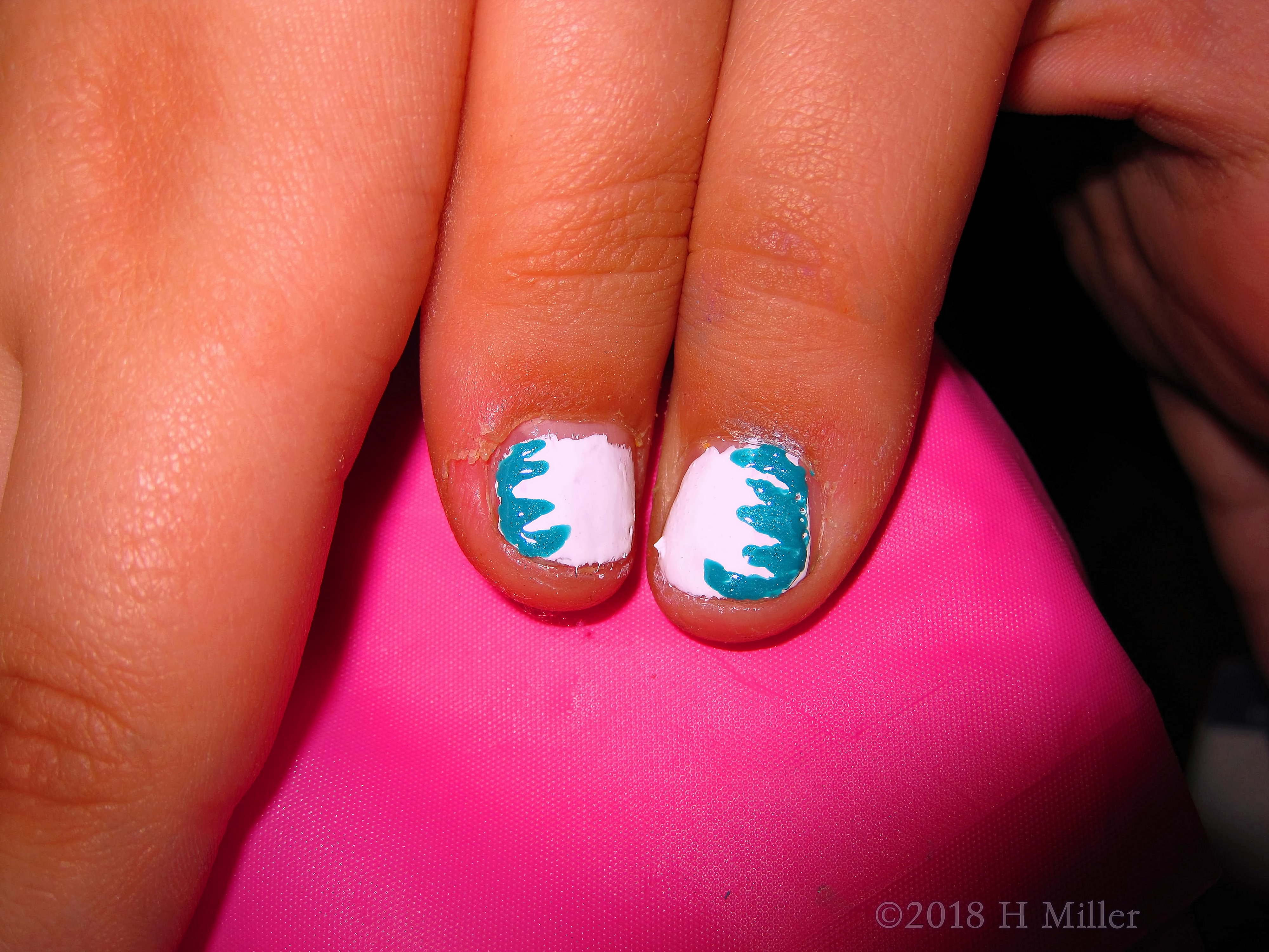 White Kids Manicure With Teal Nail Design Closeup 4