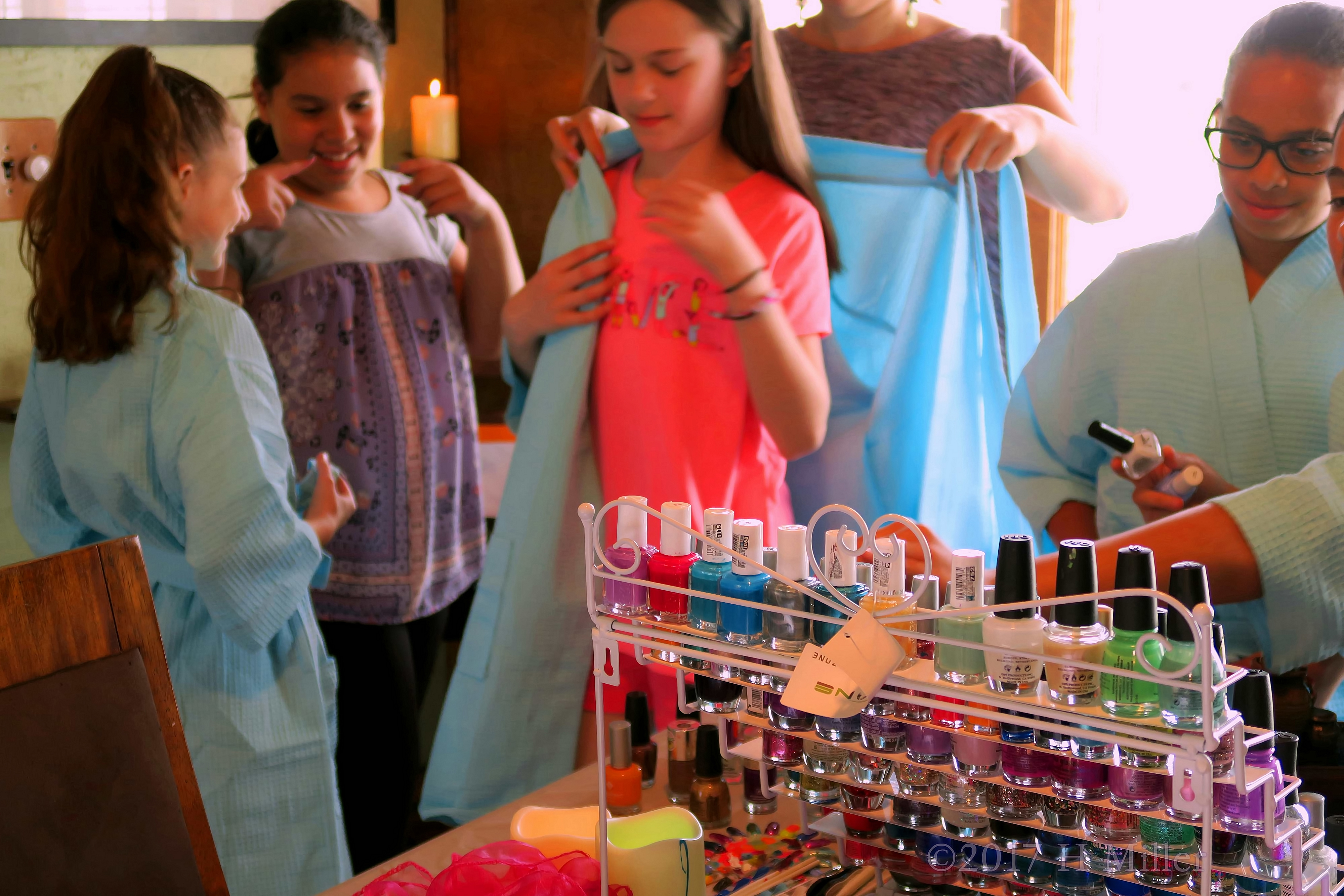 Putting On Their Blue Spa Robes. 