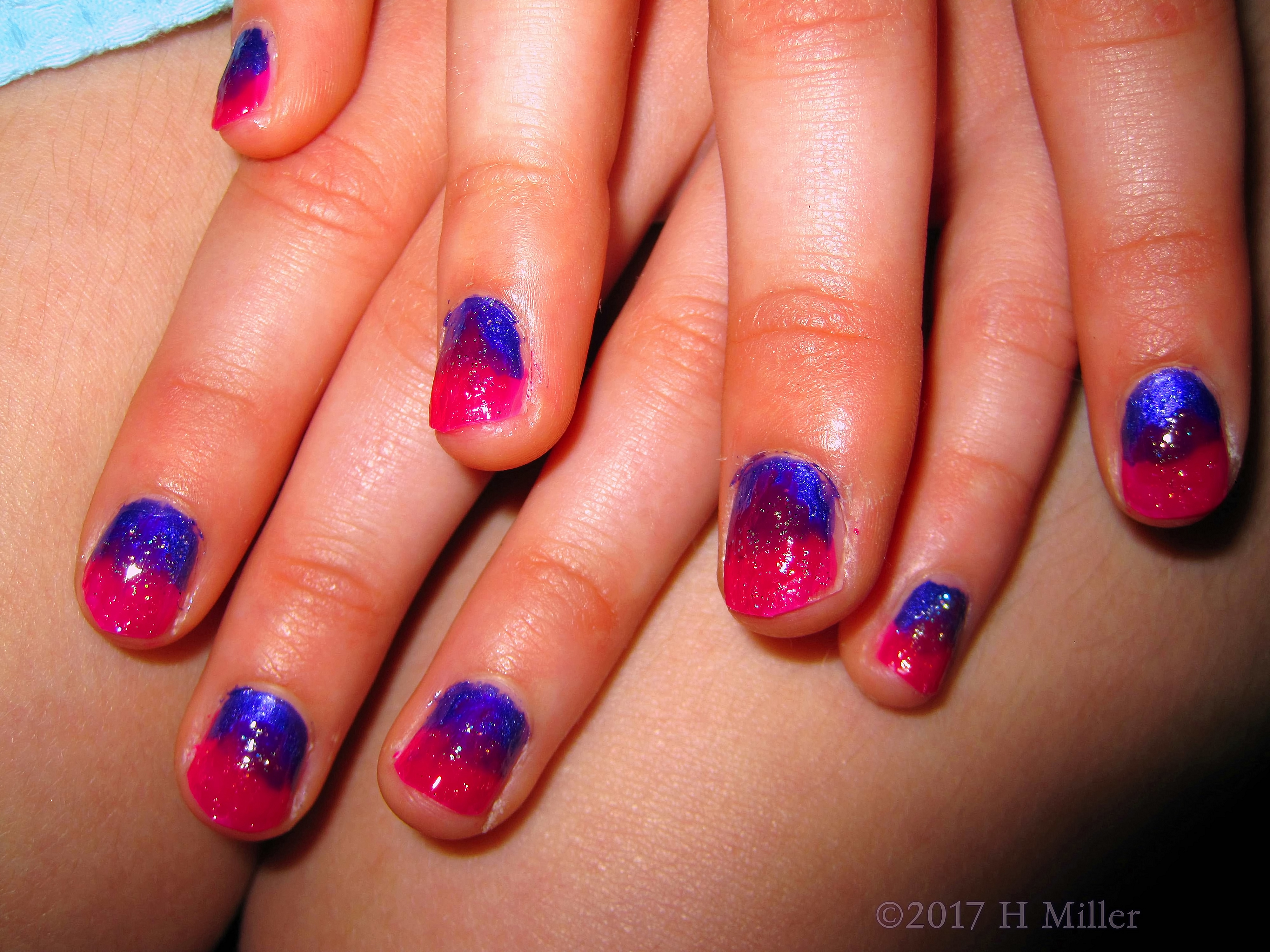 Simple And Glossy Pink And Purple Ombre Nail Design For Kids 