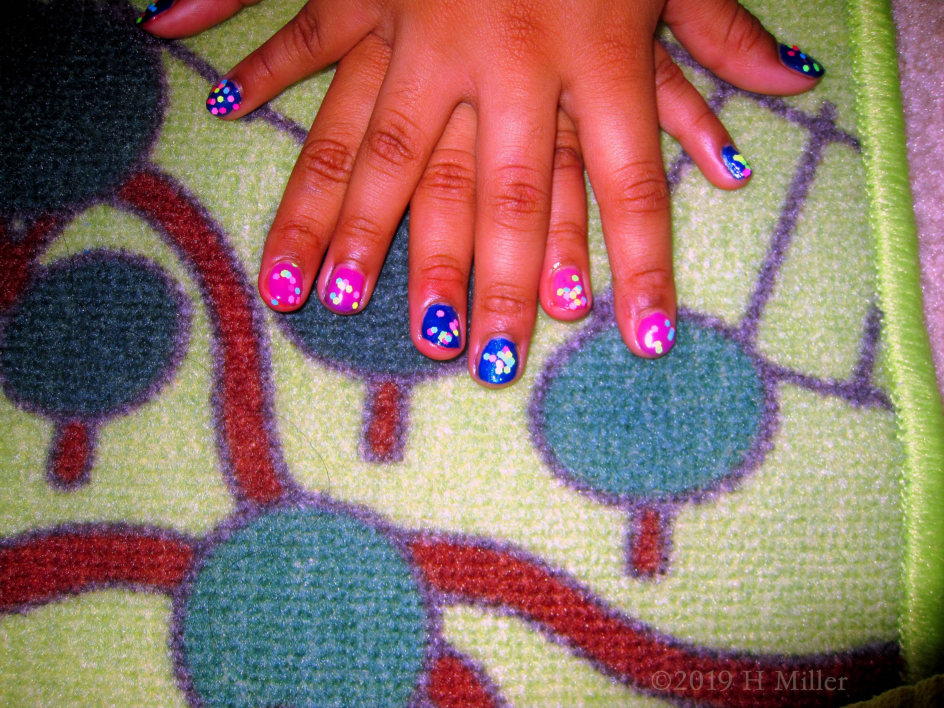 Stunning! Pink And Blue Alternate Glittery Kids Manicure! 