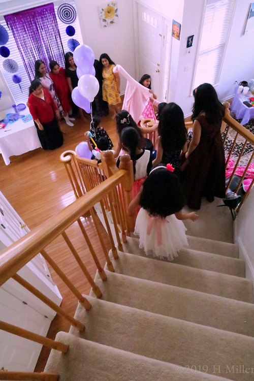 Girls Are Excited! They Are Going Down The Stairs To Choose Their Spa Robes
