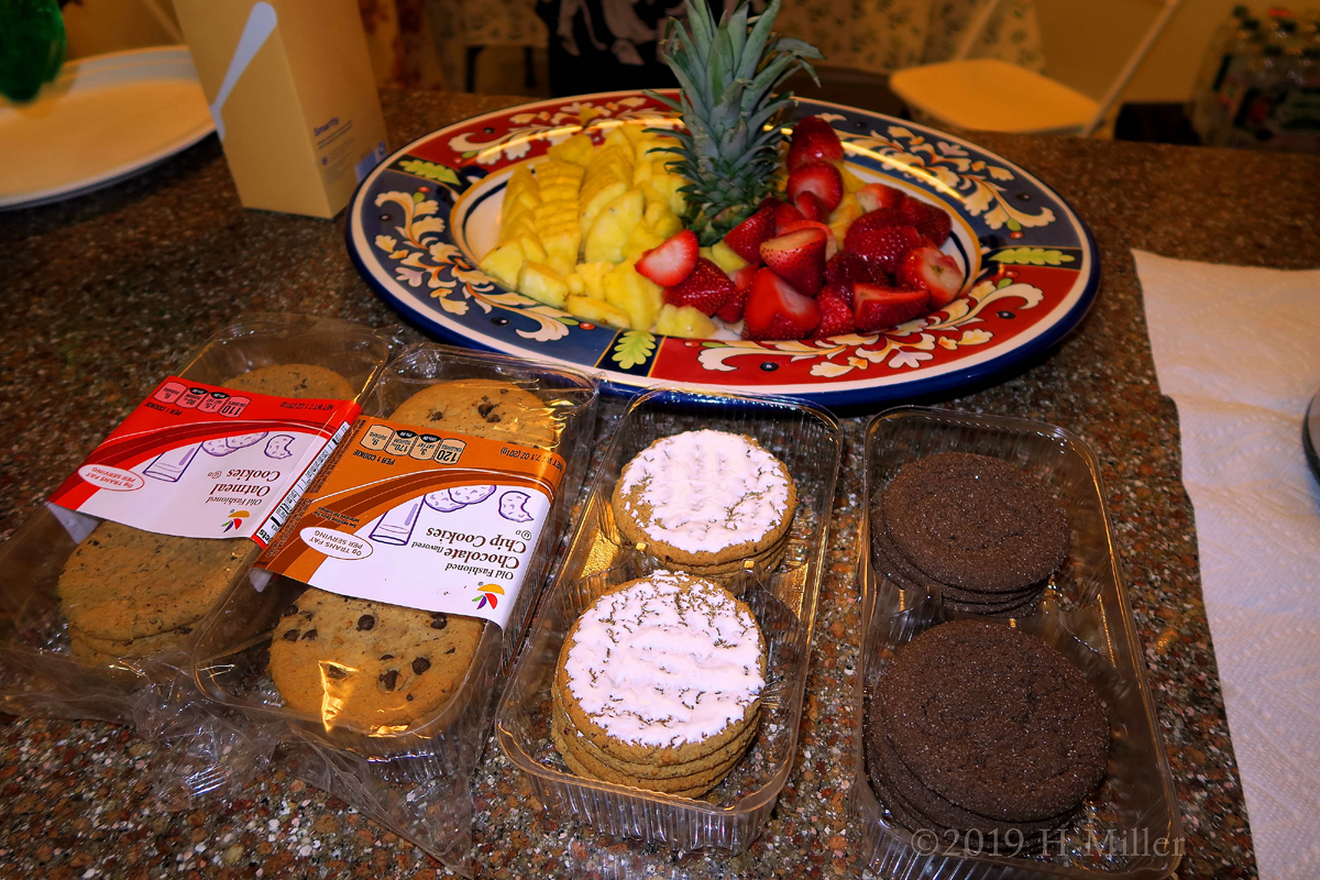 Another Photo Of Mouthwatering Cookies And Fruits For The Chocolate Fountain. 