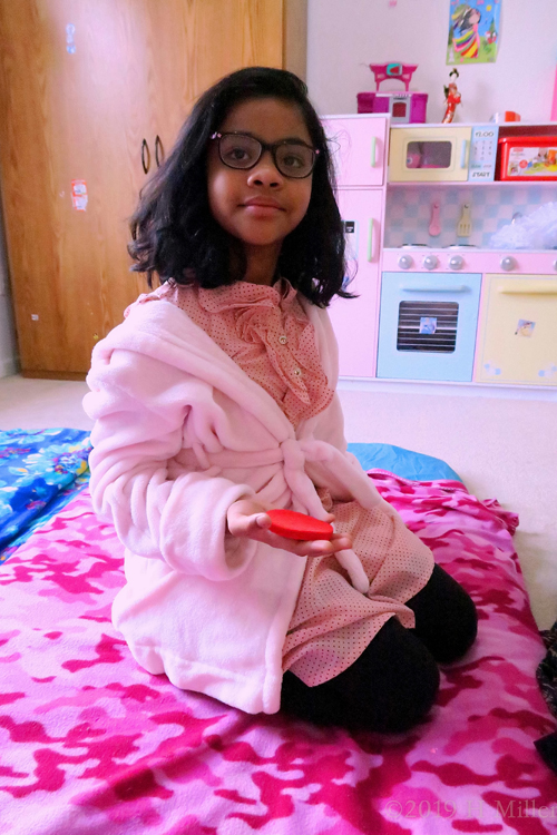 Party Guest Is Posing For A Photo In Her Spa Robe After Facials For Girls! Party Guest Is Posing For A Photo In Her Spa Robe After Facials For Girls!