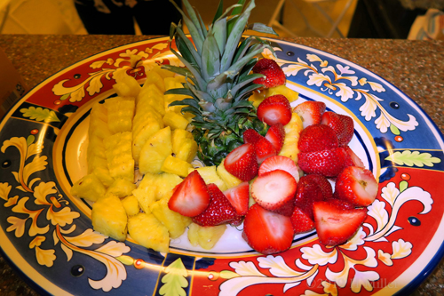 Wow! What An Appealing Red, Yellow, And Green Fruit Plate For Chocolate Fondue Dipping!