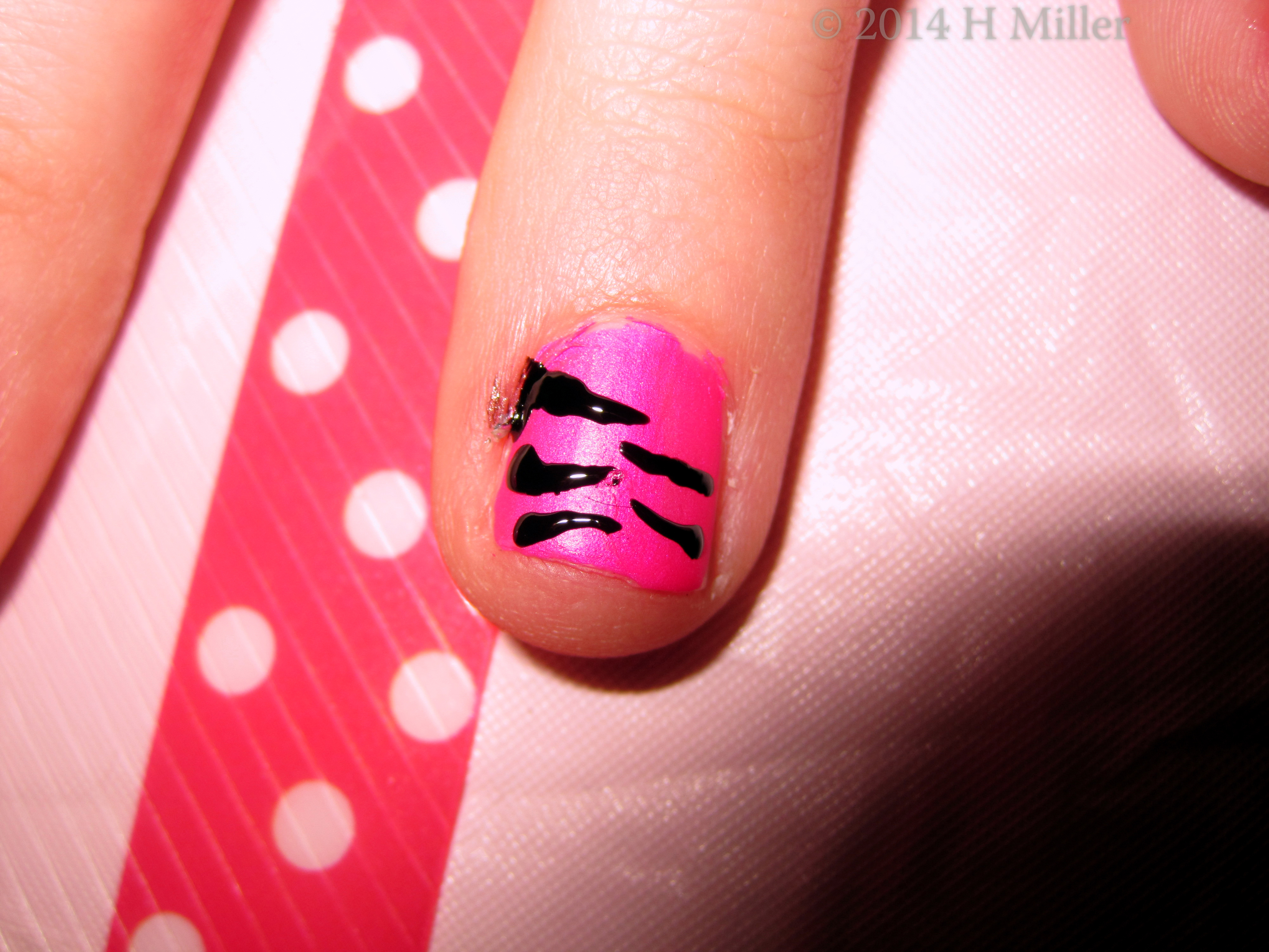 Closeup Of Hot Pink Nail Art With Black Stripes Closeup Of Hot Pink Nail Art With Black Stripes