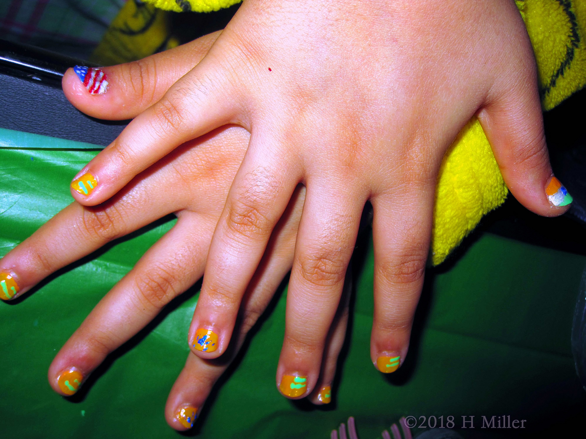 Mustard Color Nail Polish With Green And Blue Animal Stripes Nail Art Designs And An American Flag! 