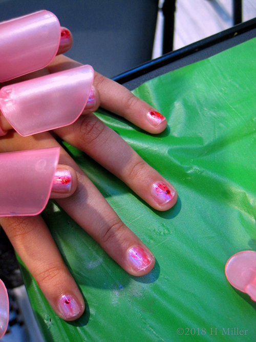 Blush Pink Kids Manicure With Red Heart Nail Design Overlay