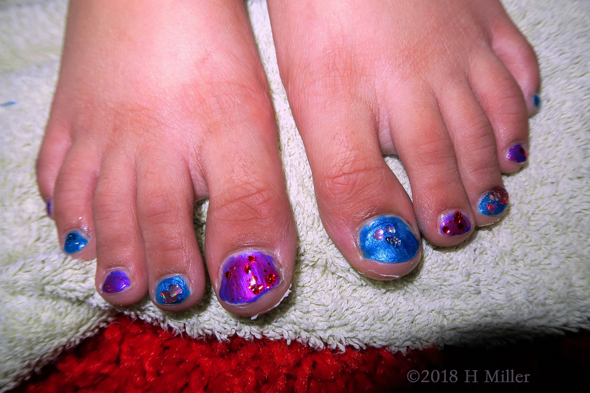 Blue And Purple Kids Pedicure With Red And White Sparkle Overlay 