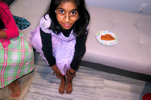 Enjoying Her Pizza And Her Mini Mani And Pedi! Enjoying Her Pizza And Her Mini Mani And Pedi!