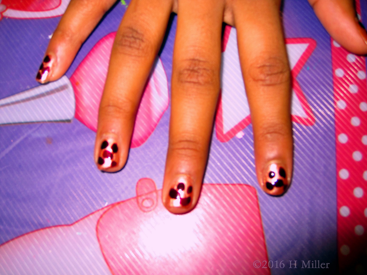 Dark Red Cow Spot Nail Design On Light Pink Background For This Girls Manicure! 