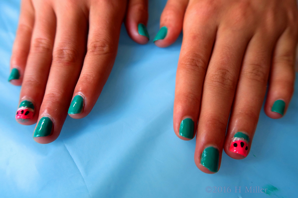 Teal Kids Manicure With Watermelon Nail Art 