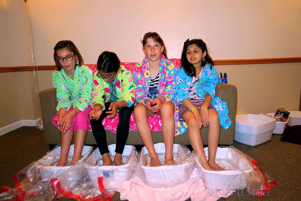 Girls Relaxing In Cute Spa Robes During Kids Pedicures! 