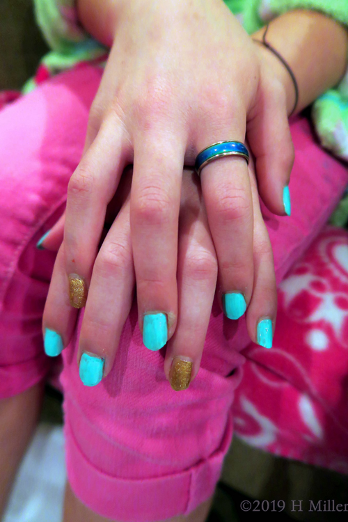 Have A Look At This Pretty Blue Kids Mini Mani With Gold Accent Nail!