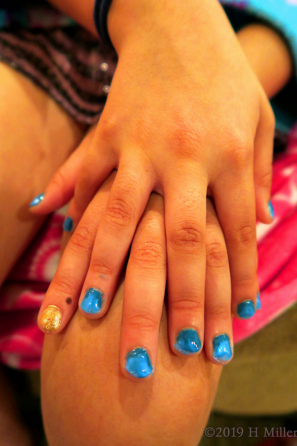 A Very Cool Ombre Nail Design With Blue And Gold Shimmer For This Kids Manicure! 
