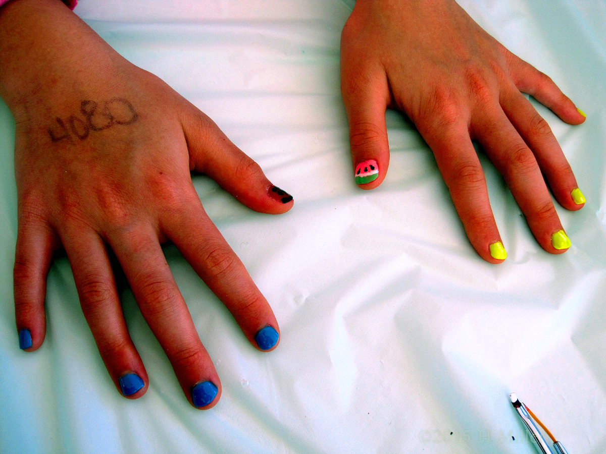 Blue N Yellow Nail Art With Ladybug And Watermelon. 