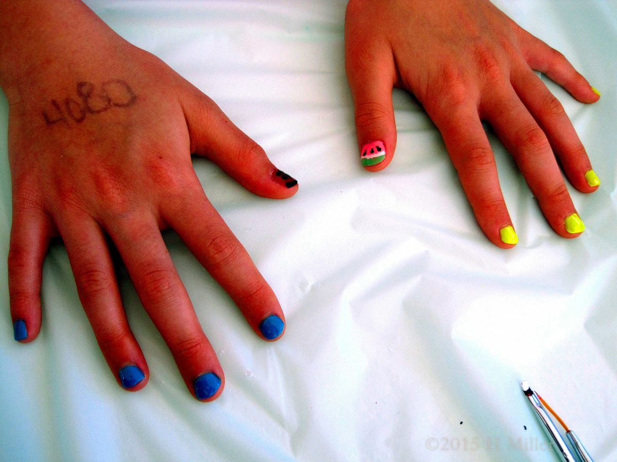 Tween Nail Art! Watermelon And Ladybug Nail Art With Yellow And Blue Nails. 