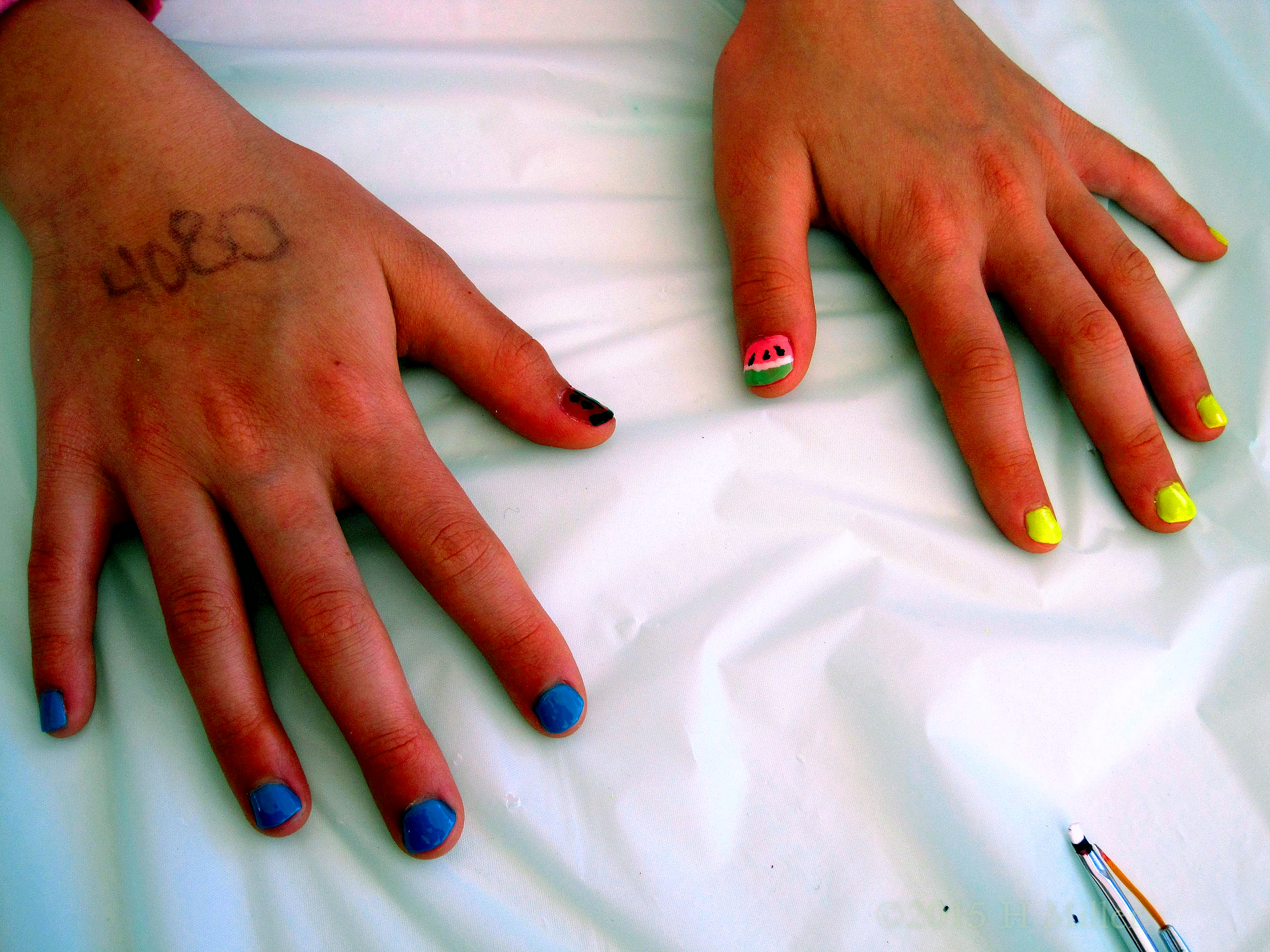 Blue N Yellow Nail Art With Ladybug And Watermelon. Blue N Yellow Nail Art With Ladybug And Watermelon.
