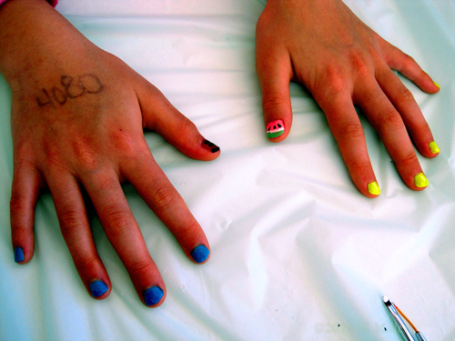 Blue N Yellow Nail Art With Ladybug And Watermelon. Blue N Yellow Nail Art With Ladybug And Watermelon.