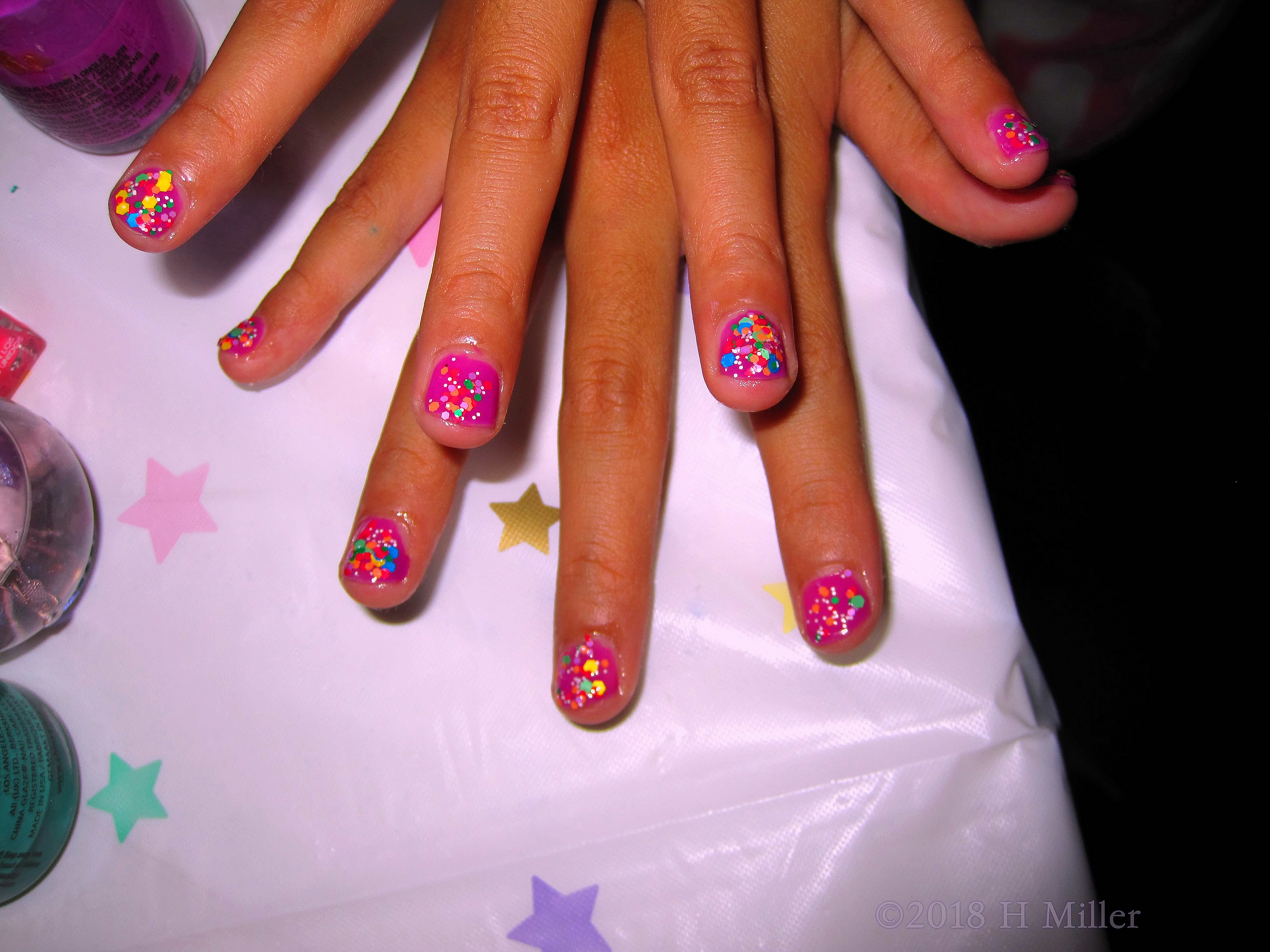 Rainbow Glitter Over A Solid Pink Base, Cool Manicure For Kids! 