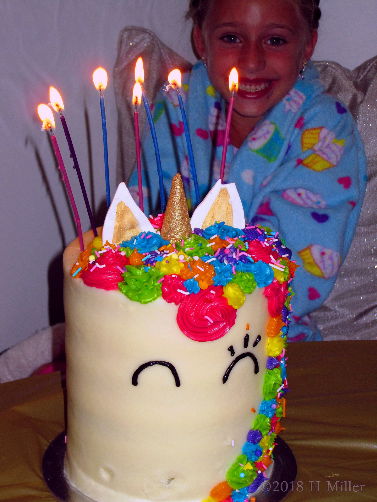 Yummy Unicorn Birthday Cake With Lighted Candles. 